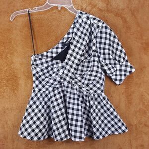 N12H Womens Top XS Black Check One Shoulder Peplum Ruffle Puff Sleeve Checkered